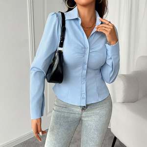 ShiMaiEr moda alta calidad mujer manga larga solapa tirantes diseño elegante Casual Slim Fit <span class=keywords><strong>blusa</strong></span> señoras Crop Top - Product Image 1