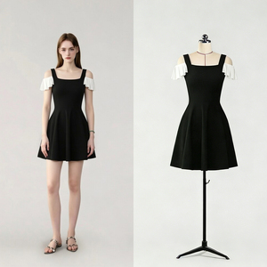 Proveedor OEM, Vestido Mini Negro para Mujer, <span class=keywords><strong>con</strong></span> Hombros Descubiertos, Cuello Cuadrado y Volantes, Casual, para Uso Diario, ODM, Marca Privada, Venta al Por Mayor, Fábrica China - Product Image 1