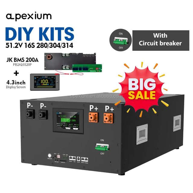 For 280Ah DIY JK 200A BMS Lithium Iron Phosphate Metal Battery Box 48V 280Ah Solar Storage Kit with LCD Display