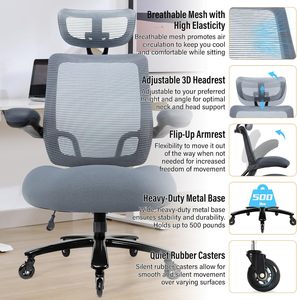 Heavy Duty 500lbs <b>Big</b> and Tall Mesh Office Chair, Ergonomic High Back with Headrest, Flip-up Armrests, Wide <b>Cushion</b>&Quiet Wheels - Product Image 4