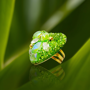 Crystal <b>Ring</b> Green Rhinestone Floral Design Gold Plated Stainless Steel <b>Adjustable</b> Band Fashion Jewelry - Product Image 3