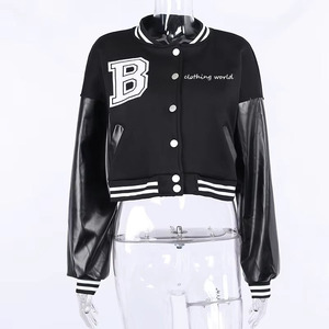 Women's Cropped Varsity <b>Jacket</b> Wool Blend Bomber <b>Jacket</b> Button Front Embroidered Letter <b>Patchwork</b> Winter Outerwear - Product Image 3