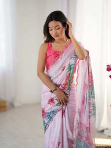 Sari en soie Georgette avec blouse non cousue, imprimé de fleurs, magnifique sari coloré avec travail de miroir pour femmes - Product Image 6