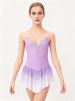 Justaucorps de patinage artistique pour femmes violet clair Spaghetti sangle dégradé Tutu strass robe ornée