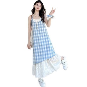 French Style Blue Plaid Suspender Dress Spaghetti Strap Mid Length Casual Dress For Holiday Beach Vacation - Product Image 5