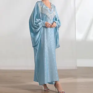 2023 Elegant blue print loose dress Bat sleeve Embroidery lace Muslim Abaya