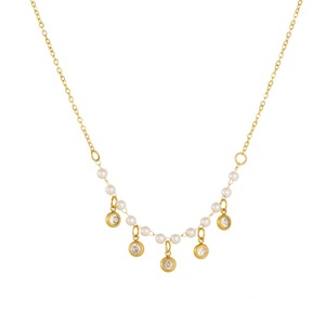Faux Pearl Chain Necklace Gold Plated Bezel Set Crystal Everyday Wear - Product Image 5