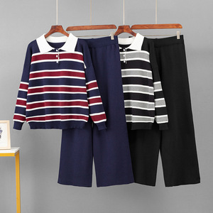 Ensemble deux pièces décontracté et élégant pour femme : pull rayé en maille respirante à col revers et pantalon large - Product Image 5