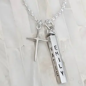 MECYLIFE Cross Religious Bar Necklace Confirmation Four Sided Name Bar Religious Date Sterling Silver Hand Stamped Jewelry