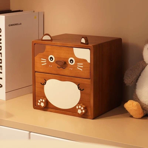 Organisateur de bureau en bois massif avec 2 tiroirs, design chat de dessin animé mignon, pour cosmétiques et papeterie, décoration de bureau/chambre - Product Image 3