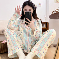 Pyjama décontracté rayé pour femme Lijia, taille élastique, manches longues, en coton nuage respirant, motif Tulip Bear, vêtements d'intérieur et de nuit