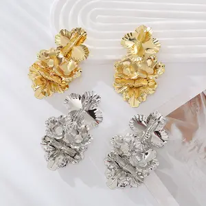 Fashion Big Gold Stud Flower Earrings Matte Metallic Flower Drop Dangle Earrings for Women