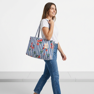 Handblock Print Leopard <b>Tote</b> Bag Blue White Stripes <b>Canvas</b> Open Closure Preppy Style Summer Winter Spring Shopping Bag - Product Image 2