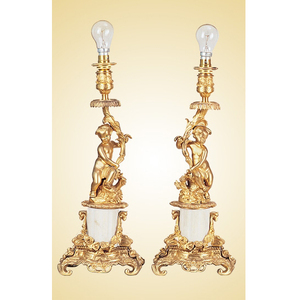 Par de Lámparas Candelabro de Estilo Rococó con Estatuas de Cupido en Oro Dorado, Latón y Mármol para Decoración del Hogar y Religión - Product Image 1