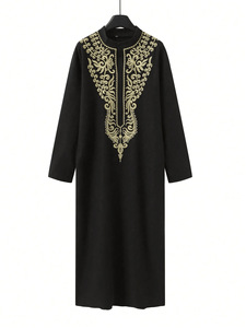 CCY 2026 Qamis <span class=keywords><strong>noir</strong></span> pour hommes arabes saoudiens, à manches longues et col montant, style Kaftan, Jubba islamique, Thobe musulman, Abaya brodée - Product Image 5