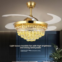 Ventilateur de plafond intégré de style européen en cristal, avec éclairage à fréquence variable, lustre doré LED, télécommande, en fer, intensité réglable, pour salon