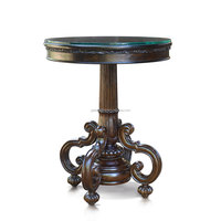 Table centrale de salon avec plateau rond, en teck massif sculpté et en verre trempé