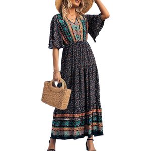 Women's Casual Summer Boho Floral Print V Neck Short Sleeve High Waist Long <b>Maxi</b> Dress Loose Woven Breathable Beach Wear - Product Image 1