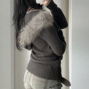 Femmes Hot Girl Style rétro câble tricot Design col en fausse fourrure Patchwork à capuche fermeture éclair décontracté polyvalent pull Cardigan manteau - Product Image 5