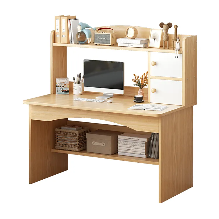 Wooden Office Table With 3-Tiers Storage Shelves Computer PC Laptop Desk Study Table Workstation For Home