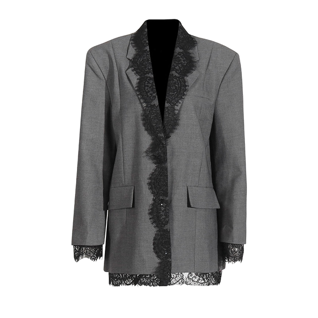 Women's Fashion Blazer Lace Splicing Embroidery Blazers Jacket Single Breasted Closure Woven Solid Formal Simple Style