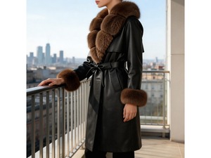 OFTBUY Giacca in Pelle PU Impermeabile Reversibile Primavera/Autunno con Collo e Polsini in Finta Pelliccia di Volpe, Cintura Lunga, Stile Moto - Product Image 1
