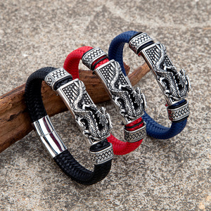 Retro Dragon Leather <b>Bracelet</b> Black <b>Red</b> Blue Tibetan Silver Men's Gift Jewelry 19cm 21cm 23cm - Product Image 1