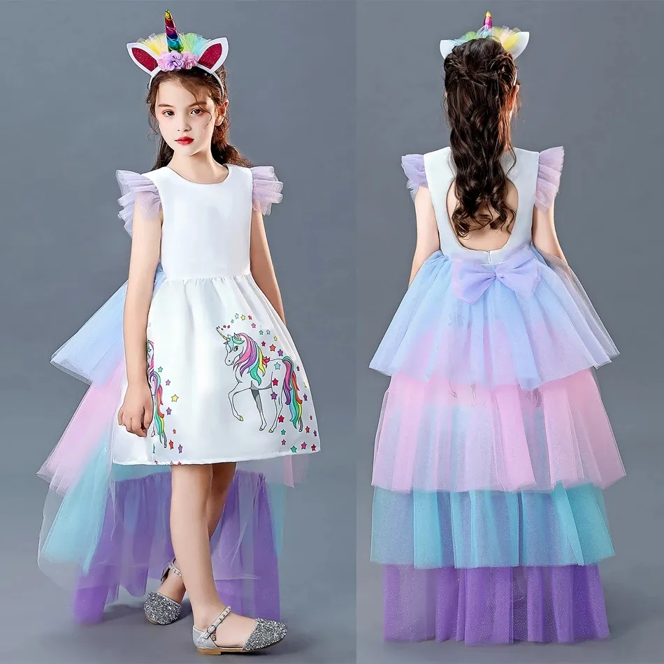 Meiqiai Children Fancy Dress Flower Girl Dresses Unicorn Baby Clothing Child Party White Horse Cosplay Garments DJS022