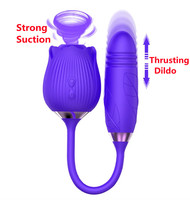 Vibromasseur Rose Double Face 2-en-1 Rouge, Violet et Bleu, Godemiché Télescopique, Jouet Sexuel Point G, Rose à Succion Clitoridienne avec Godemiché Pénétrant