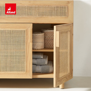 Meuble-lavabo moderne Allandcabinet sur mesure avec cadre en bois et porte en <span class=keywords><strong>rotin</strong></span>, double vasque encastrée sous le meuble pour salle <span class=keywords><strong>de</strong></span> bain - Product Image 4