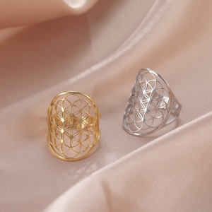 바이킹 플라워 스테인리스 타원형 기하학 오픈 반지 빈티지 커플링 - Product Image 6