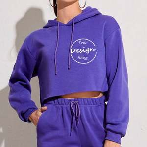 OEM Pull à capuche décontracté personnalisé surdimensionné pour femme en éponge française Pull à épaules tombantes Broderie à ourlet brut Haut court à capuche uni pour femmes - Product Image 5