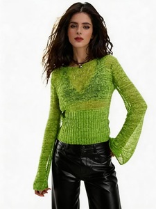 Pull pour femme, col en V, style chinois, color-block, coupe ajustée, manches longues, matière nylon/acrylique, <span class=keywords><strong>broderie</strong></span> florale - Product Image 4