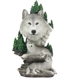2024 Montanha Cenário Lobo Cinza Família Estátua Madeira Lobo Pack Em Rochas Floresta lobo busto escultura personalizada