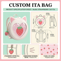 Sac à dos Ita Bag Kawaii blanc en PU motif chat fraise avec fenêtre en PVC en forme de cœur, moustaches brodées et tirette de fermeture éclair en émail