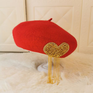 Béret Cœur en Strass à Pompom pour Femme, Béret de Peintre Rétro en Laine, Béret Haut de Gamme en Peluche Scintillant avec Cœur et Diamants - Product Image 6