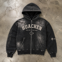 Sweat à capuche zippé personnalisé en molleton bouclette 420 GSM pour homme, 100 % coton, délavé à l'acide, imprimé DTG, strass, style vintage streetwear, fabrication OEM