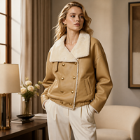 Veste courte en fausse fourrure de daim camel pour femme, col large rabattable, double boutonnage, doublure en mélange de laine