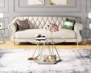 Mesa de Centro Redonda de Vidrio de Lujo Moderna, Mesa Pequeña Contemporánea para Sala de Estar con Marco Metálico Hexagonal para Salón u Oficina - Product Image 6