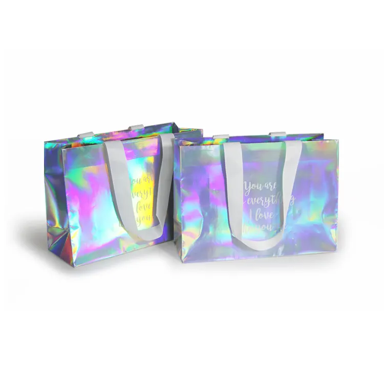 Custom Printing Logo Hologram Holographic Laser Color Make up Makeup Tissue Gift Shopping Tote Paper Bag For Cosmetic Packaging