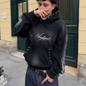 Unisex Black Hooded <b>Sweatshirt</b> Acid Wash Rhinestone Eco-Friendly <b>Vintage</b> Streetwear Style Oversized Fit Regular Sleeve Knitted - Product Image 2