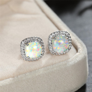 Silver Color White Fire Opal Square Stone Screw Back <strong>Earrings</strong> for Women Vintage Fashion Charming Jewelry - Product Image 3