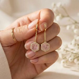 Natural Rose Quartz Cubic Zirconia Hexagon Drop <b>Earrings</b> in 925 Sterling <b>Silver</b> or 18K Gold Filled Elegant Gemstone <b>Dangle</b> Jewel - Product Image 4