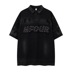 Polo da uomo personalizzata OEM ODM Mingmen, pesante, con rivetti e patch, effetto <span class=keywords><strong>vintage</strong></span>, lavaggio acido, strappata, oversize - Product Image 2