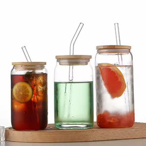 Botella de vidrio de 12oz, 16oz, 20oz, vaso de vidrio de borosilicato alto con tapa y pajita, para cerveza, té, zumo, refrescos - Product Image 5