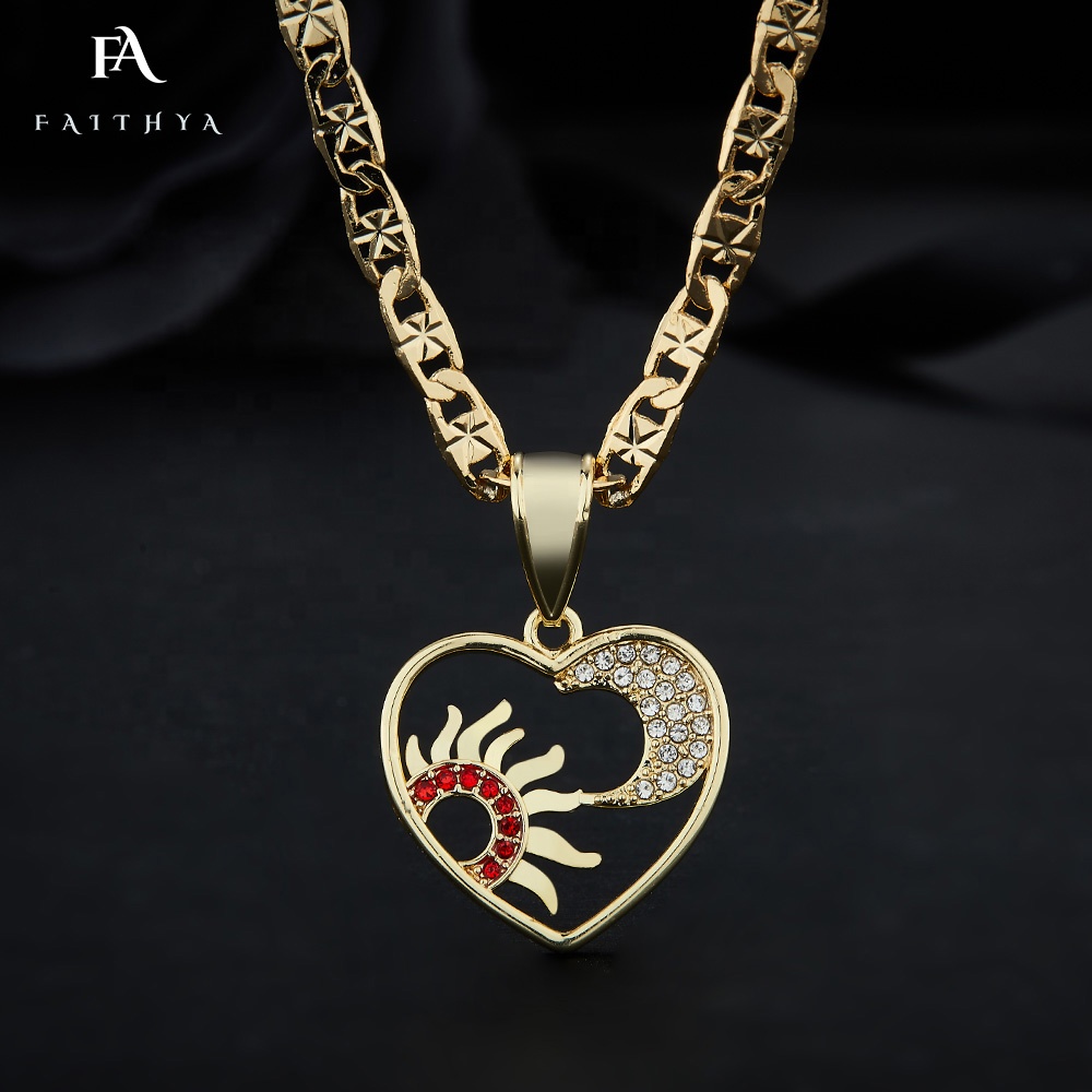 FP1016 Wholesale Couple Lovers Oro Laminated Jewelry Brass Design Red Zircon Sun Moon 14K Gold Plated Heart Necklace Pendant