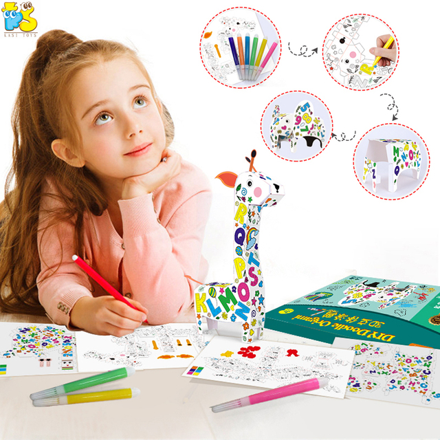 Kids DIY Watercolor Pen Doodle 3D Puzzle Origami Giraffe Animal Graffiti Painting Early Educational Toy