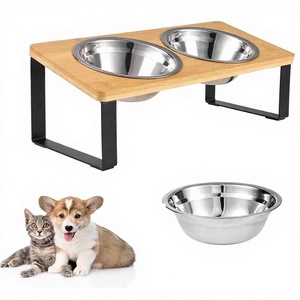 Mangkuk Makan Hewan Peliharaan Terlaris Lintas Negara untuk Kucing dan Anjing Kecil, Tempat Makan Ganda Bertingkat dari Kayu Bambu dan Baja Tahan Karat - Product Image 1