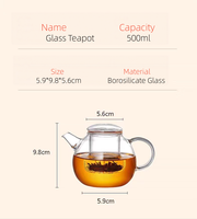 Bouilloire en verre borosilicate haute résistance, résistante aux flammes directes, avec filtre, capacité 500 ml, soufflée à la main, ensemble de thé