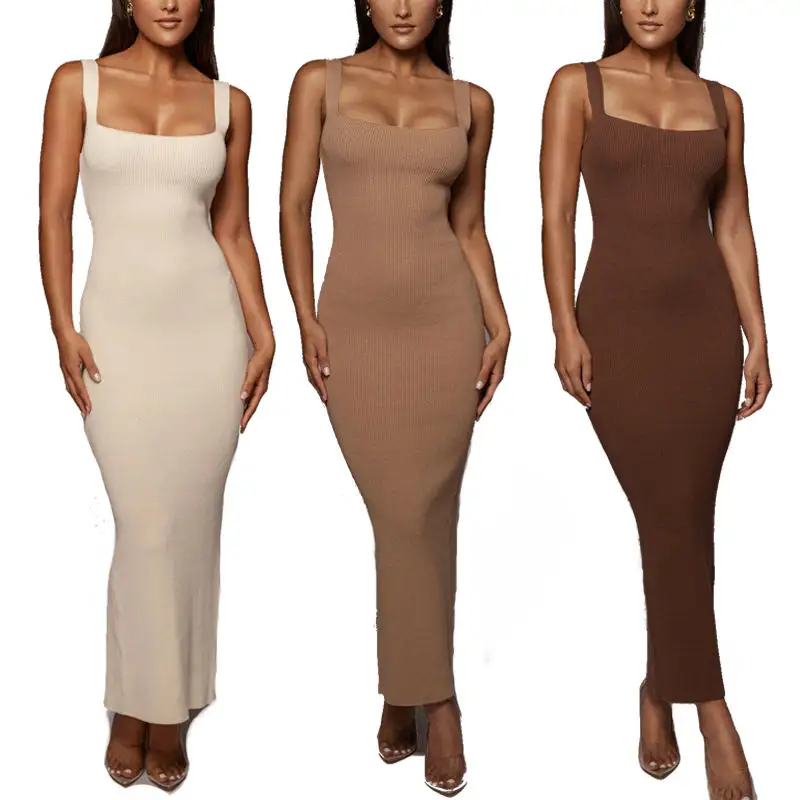 Vestidos de suéter Blanco Marrón Otoño Señora Elegante Casual Suéter largo Bodycon Vestidos Mujeres Sexy Acanalado Tallas grandes Simple ODM Adultos